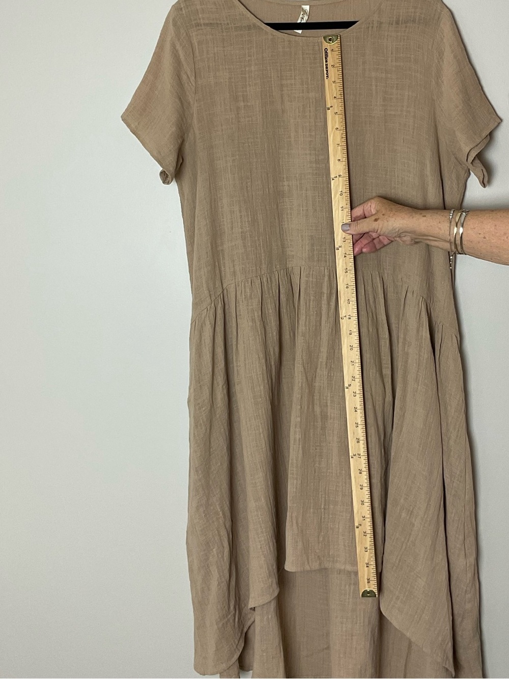 Love In Short-Sleeve Tan Cotton High-Low Dress Lagenlook Minimal Prairie Large - Picture 3 of 7